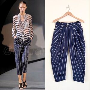 Vintage EMPORIO ARMANI S/S 2009 Stripe Pleated Crop Barrel Pants in Blue White